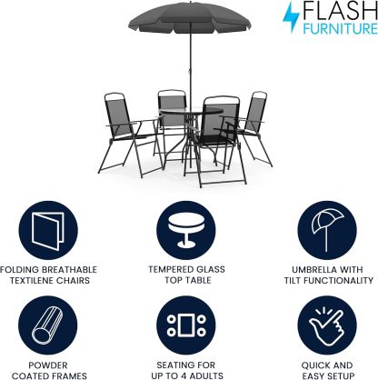 Flash Furniture Set de Muebles de Jardín Exterior Modelo Nantucket – Muebles de Jardín y Terraza – Set de 6 Unidades – Incluye Mesa de Jardín, Sombrilla y 4 Sillas Plegables – Color Negro