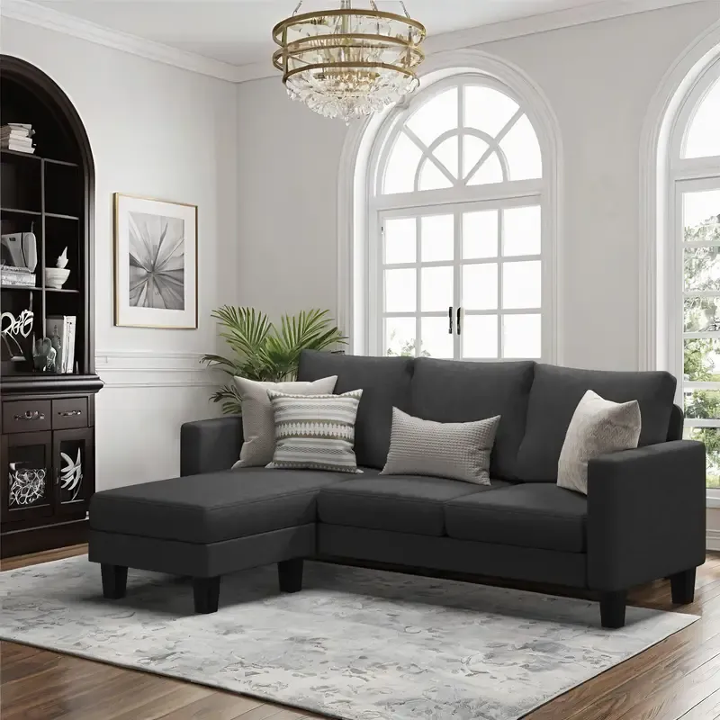 Sofá seccional convertible, sofá de 3 plazas en forma de L con tela de lino, otomana móvil Sofá pequeño para apartamentos pequeños, sala de estar y oficina (gris oscuro)