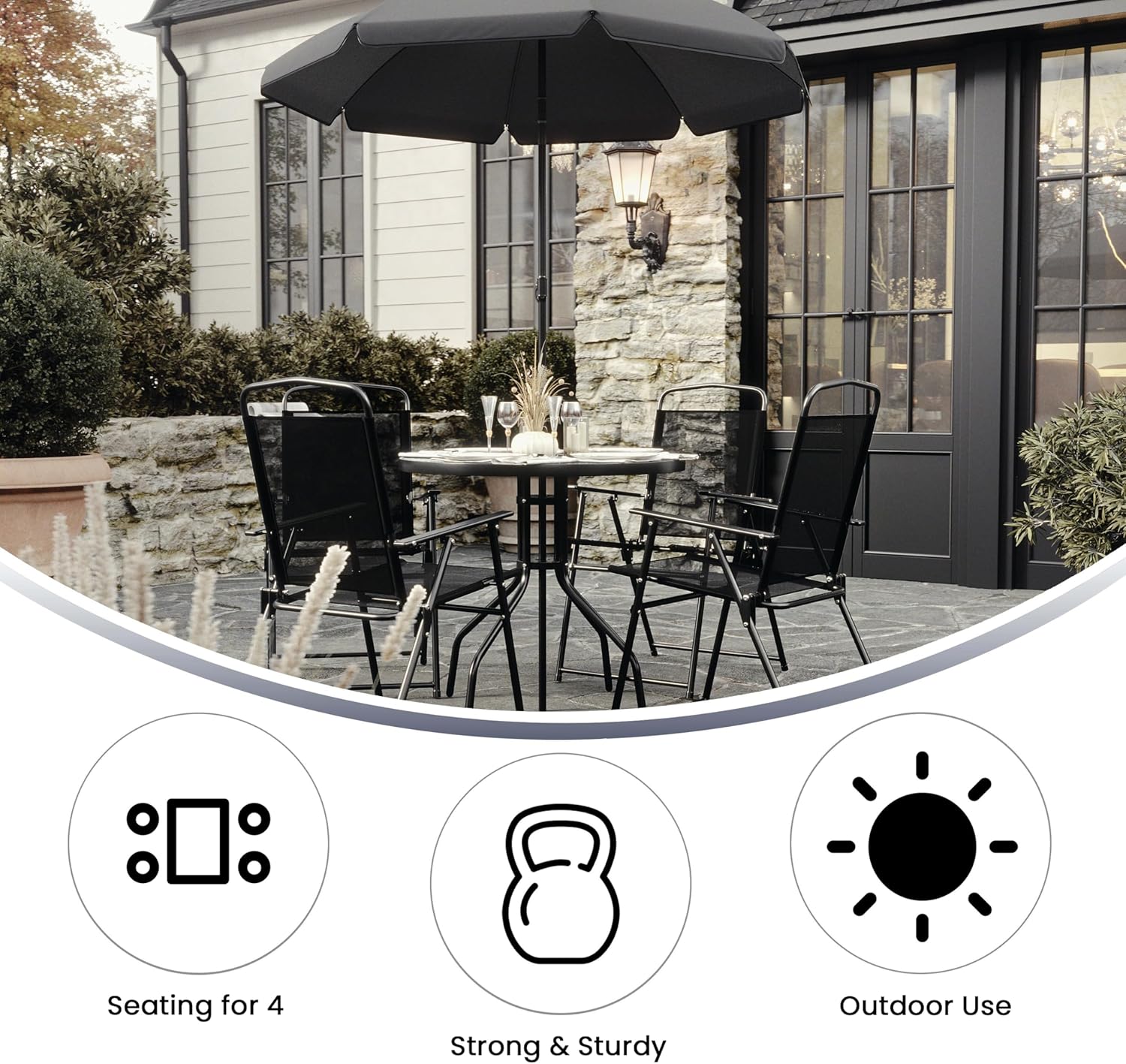 Flash Furniture Set de Muebles de Jardín Exterior Modelo Nantucket – Muebles de Jardín y Terraza – Set de 6 Unidades – Incluye Mesa de Jardín, Sombrilla y 4 Sillas Plegables – Color Negro