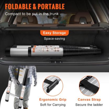 Escalera telescópica , de aluminio, extensible y plegable con retracción de un solo botón; capacidad de carga con patas antideslizantes. Escalera compacta, portátil y multiusos para el hogar, vehículos recreativos (RV) y lofts; listada según la norma