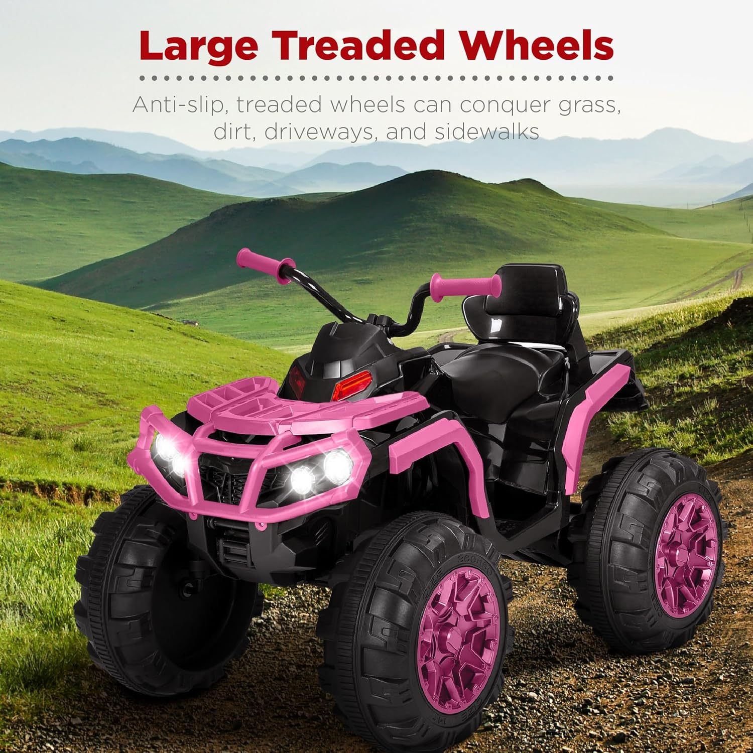 Best Choice Products 12V ATV eléctrico para niños de 4 ruedas con audio Bluetooth, velocidad máxima de 3.7 mph, neumáticos con banda de rodadura, faros LED, radio, color negro