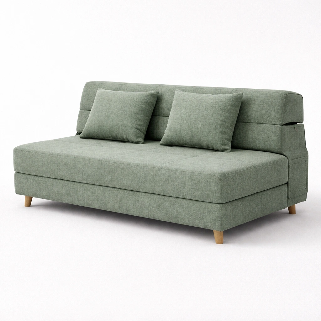 Divano letto moderno verde in tessuto con cuscini inclusi-celnivo