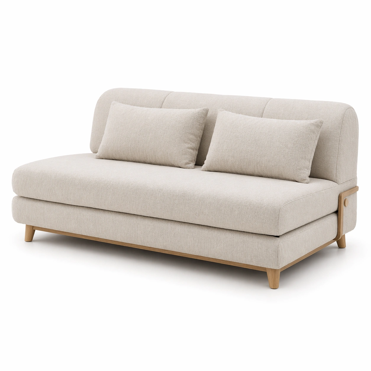 Divano letto moderno beige con base in legno e design minimal-celnivo