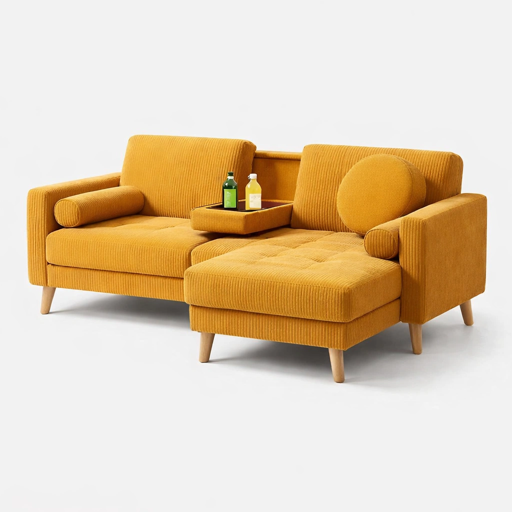 Divano angolare moderno in tessuto con chaise longue e vassoio centrale-celnivo