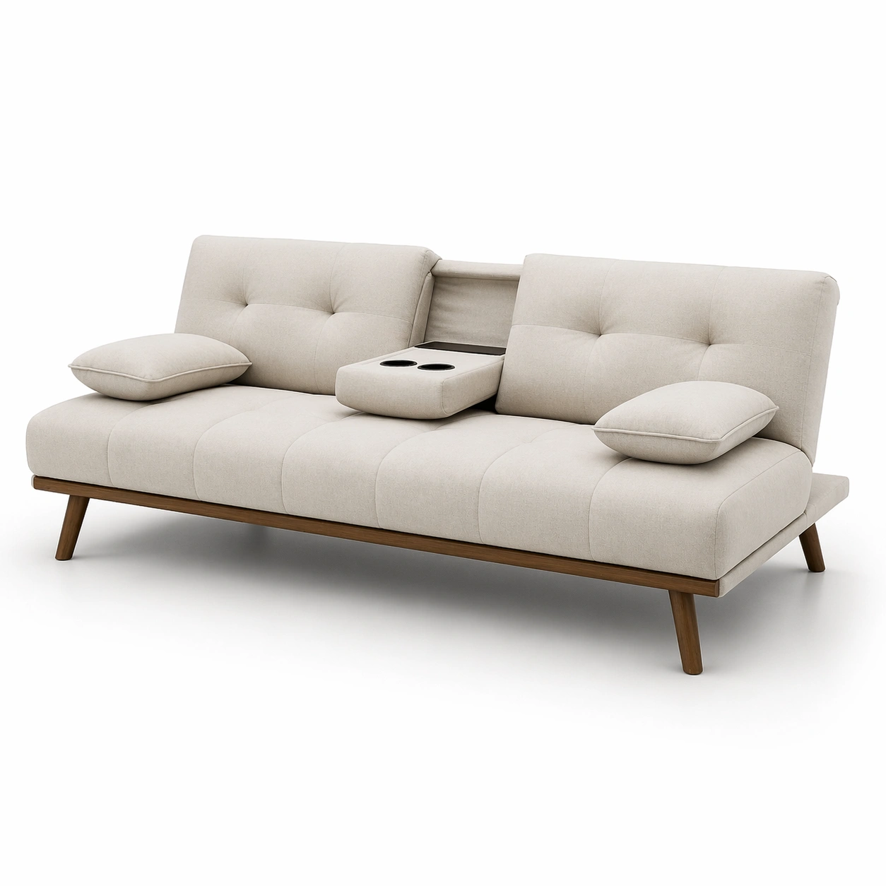 Divano letto moderno beige con braccioli bassi e porta bevande-celnivo