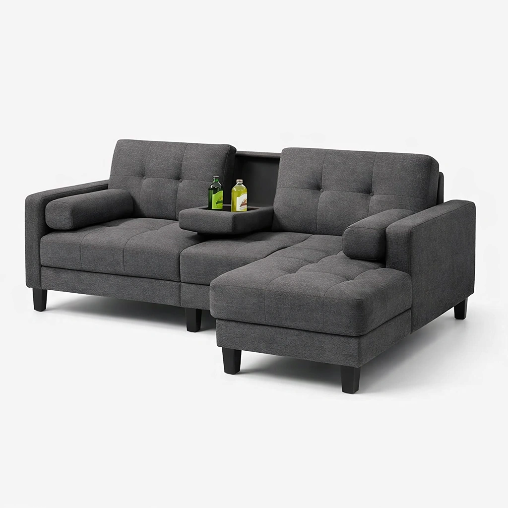 Divano angolare in tessuto grigio con chaise longue e supporto centrale-celnivo