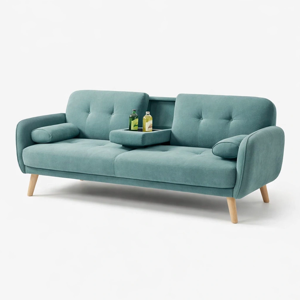 Divano tre posti moderno in tessuto verde con struttura in legno-celnivo