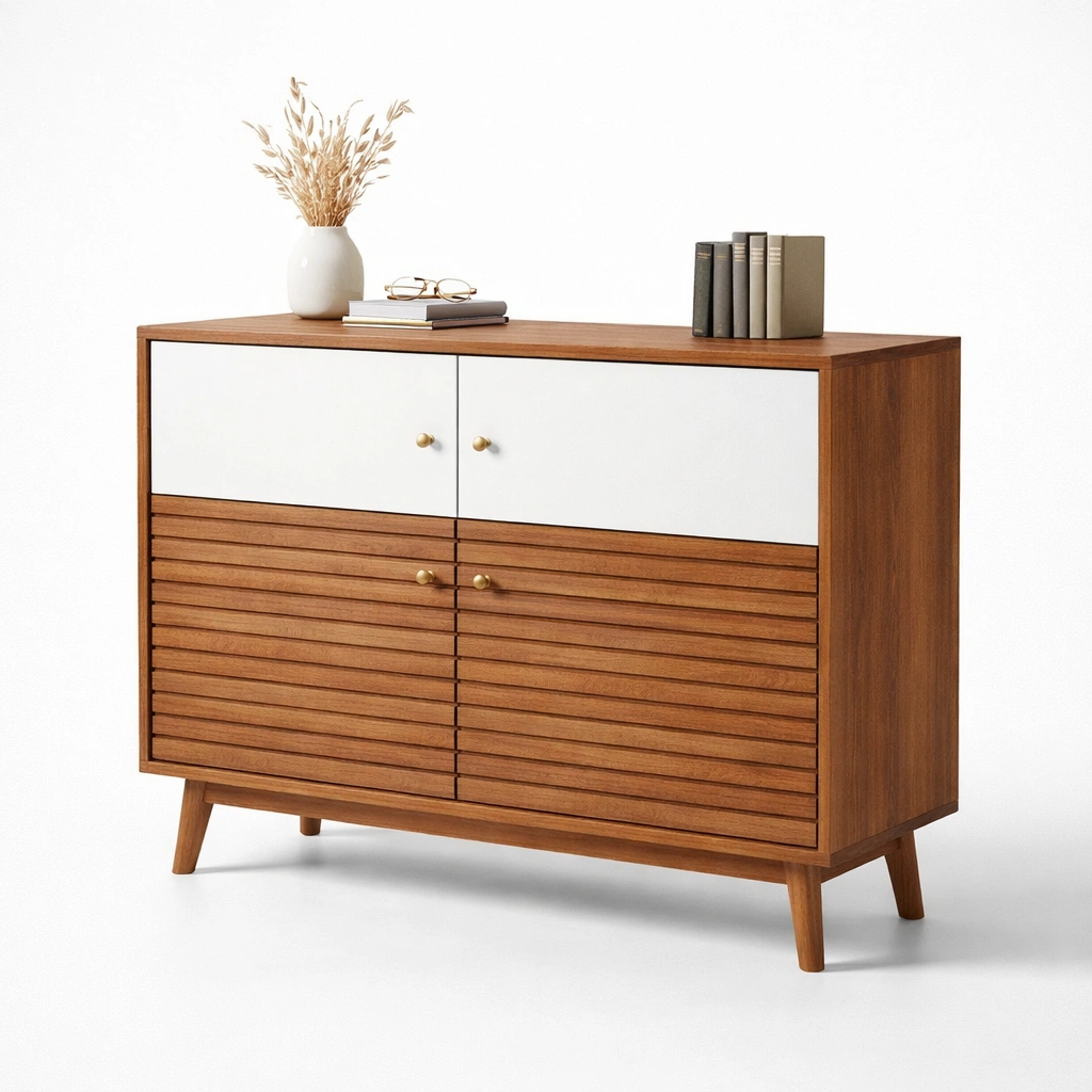Credenza moderna in legno con ante bianche e dettagli scanalati-celnivo