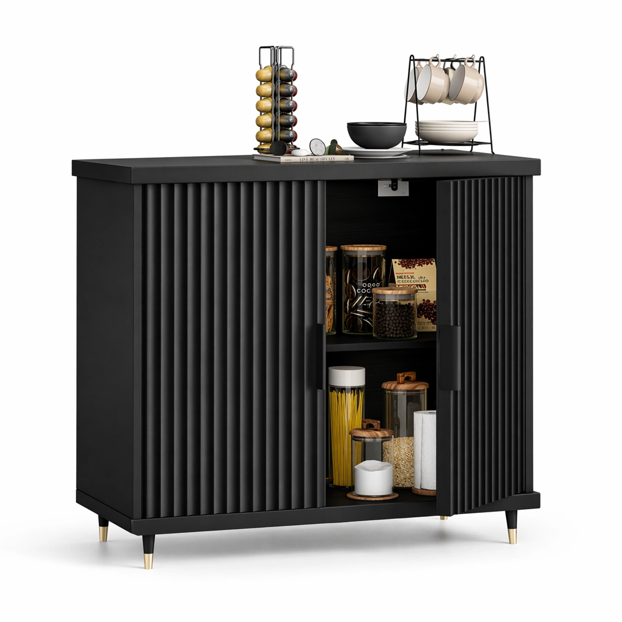 Credenza moderna nera con ante scanalate e spazio interno-celnivo