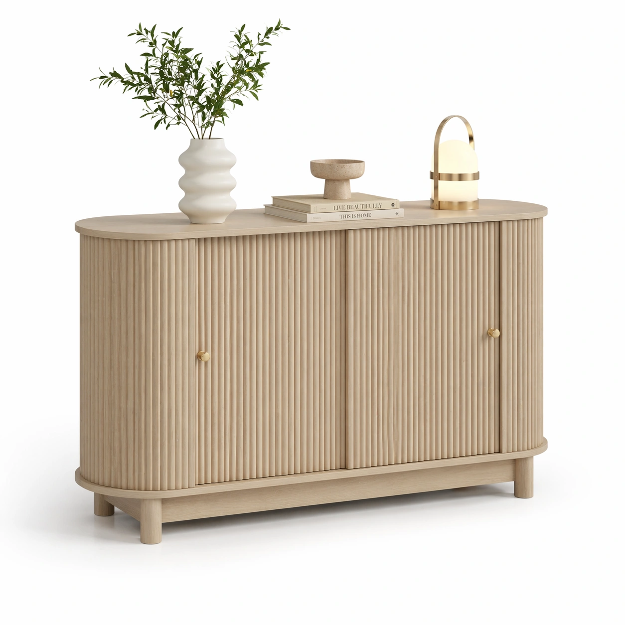 Mobile contenitore curvo in legno chiaro con ante scanalate-celnivo