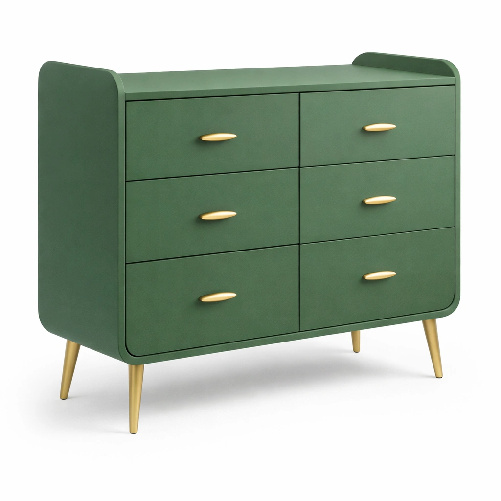 Cassettiera moderna 6 cassetti con gambe dorate colore verde scuro-celnivo