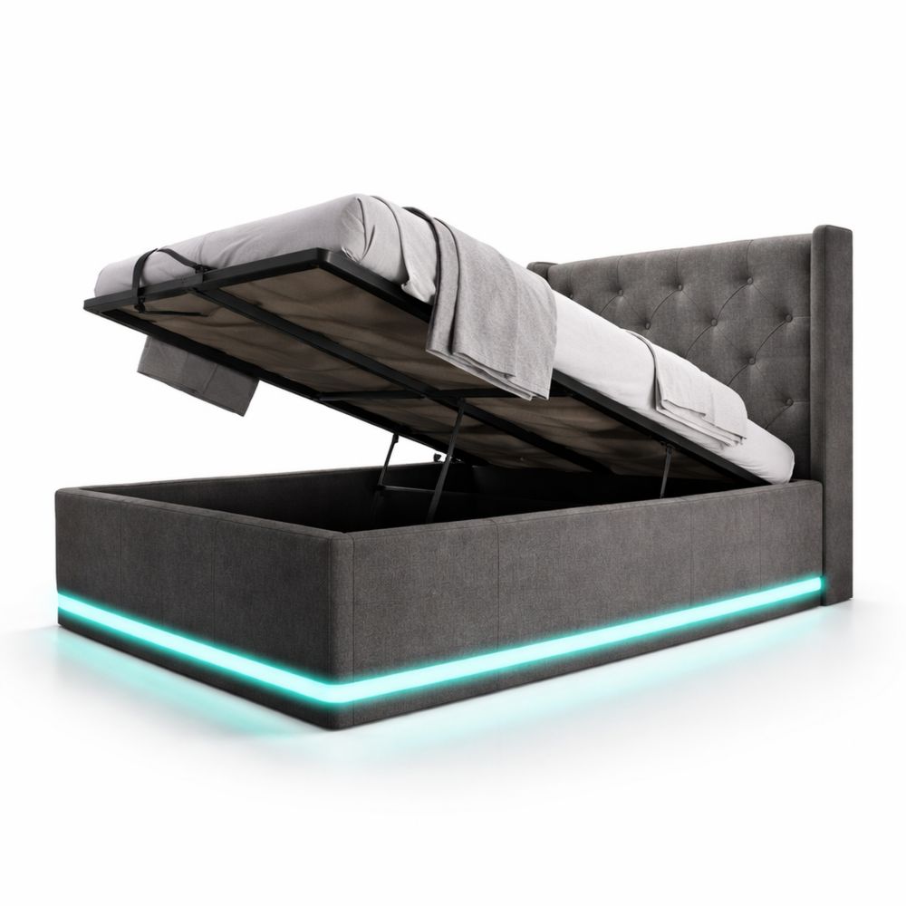 Einzelbett 90x200 mit LED, hydraulischem Stauraum und USB-Ladefunktion