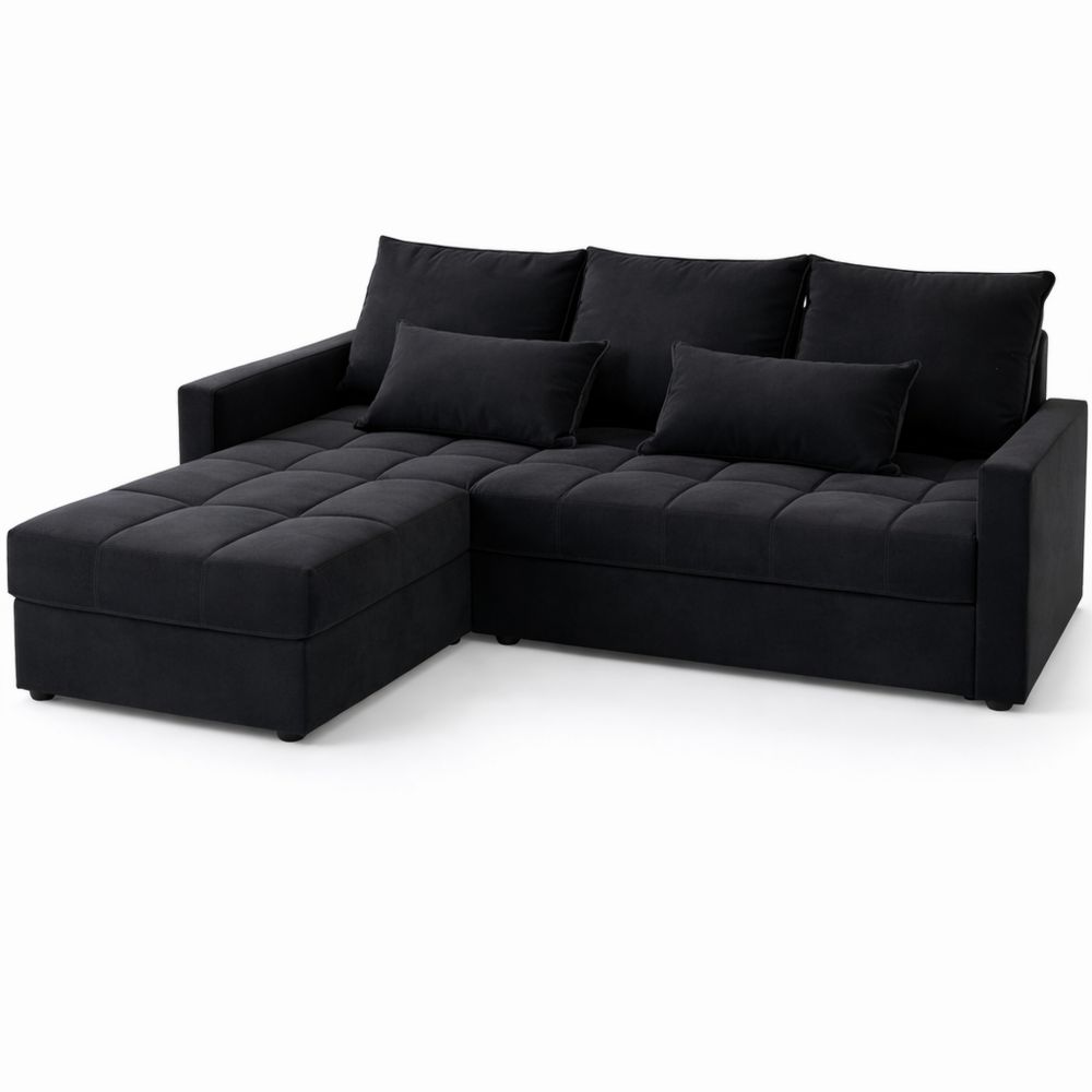 Ecksofa mit Schlaffunktion und Bettkasten in L-Form, Schwarz