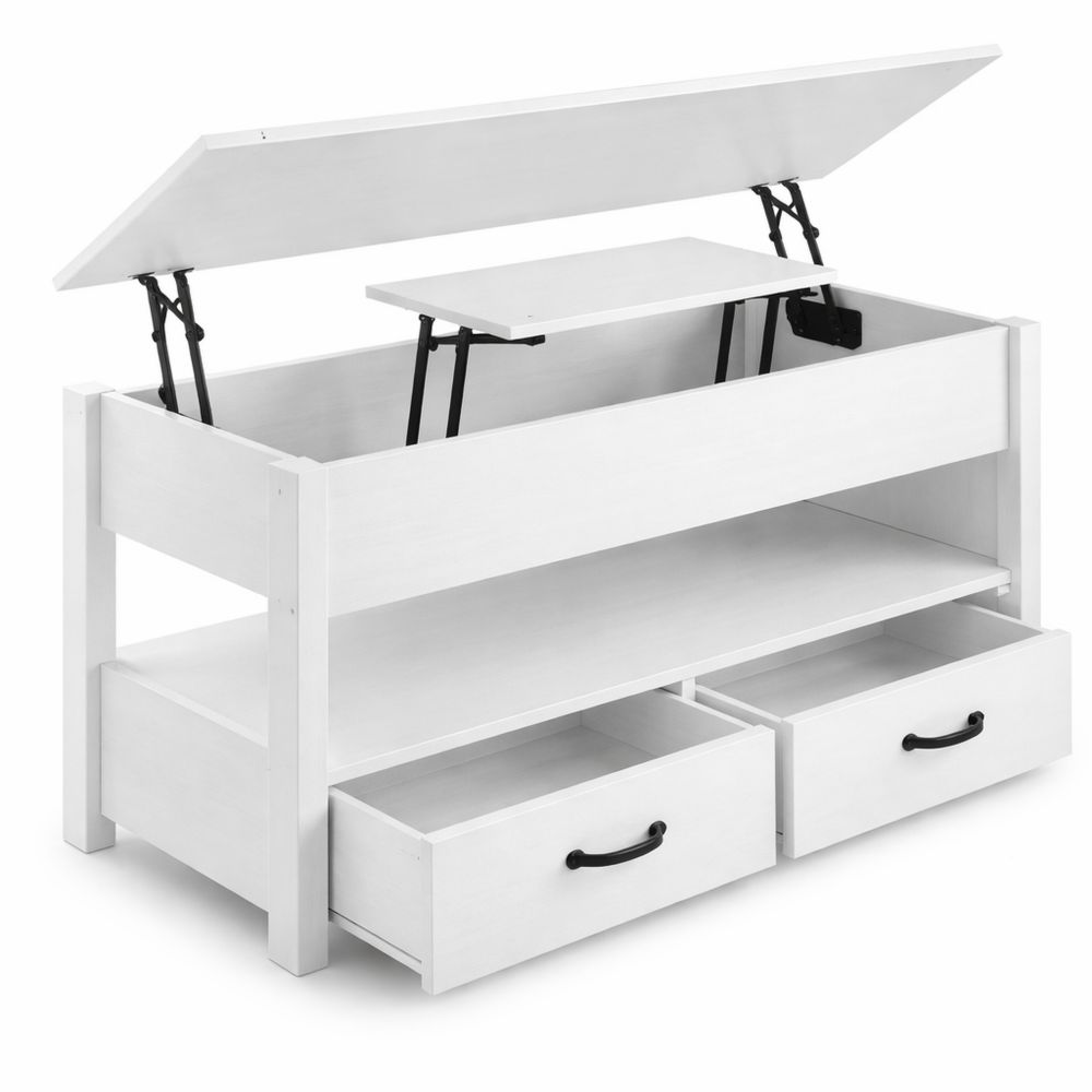 Höhenverstellbarer Wohnzimmertisch mit Schubladen und Fächern, schneeweiß