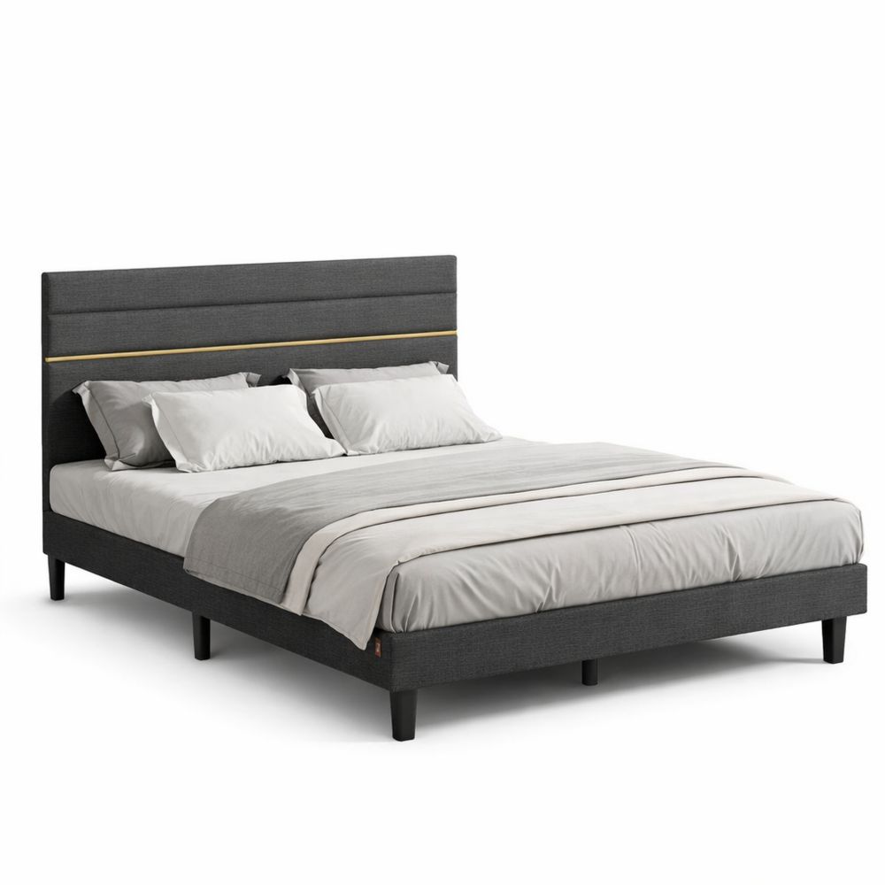 Modernes Polsterbett 160 x 200 cm mit verstellbarem Kopfteil, Metall und Massivholz, schiefergrau