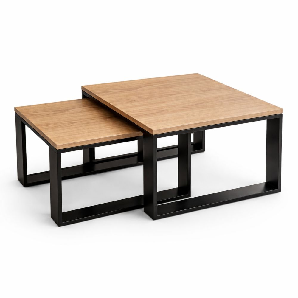 Moderner Couchtisch im 2er Set mit Holzplatte und Schwarzem Gestell