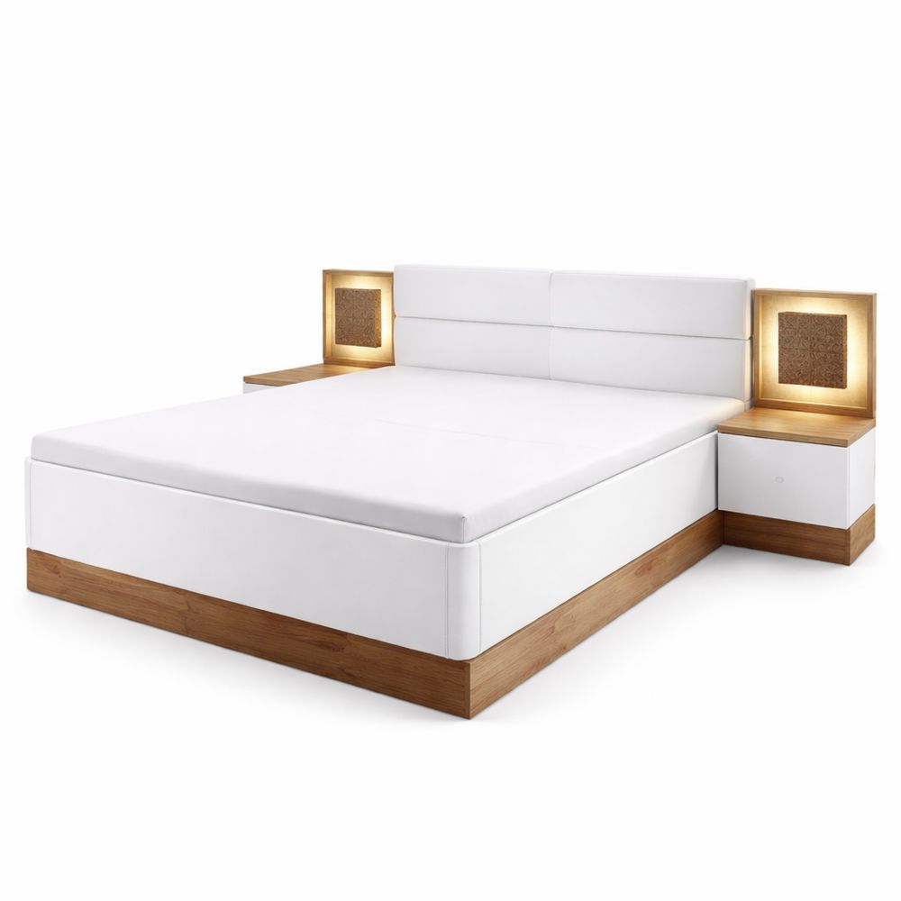 Stilvolle Doppelbett-Anlage mit LED 180 x 200 cm in Wildeiche-Optik