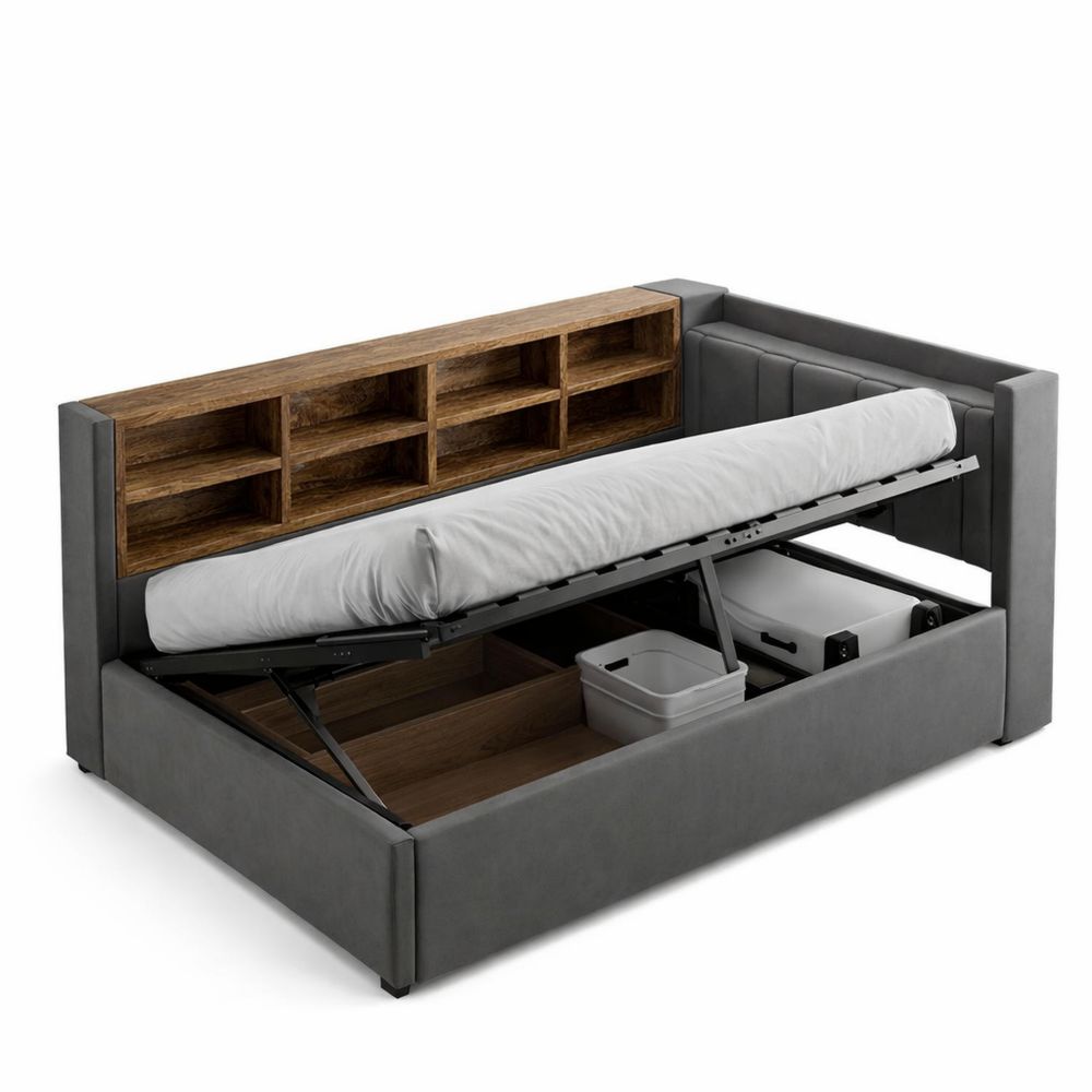 Schlafsofa mit Staufach und Nachtlicht, 90x200 cm, Tagesbett mit Lattenrost, Dunkelgrau