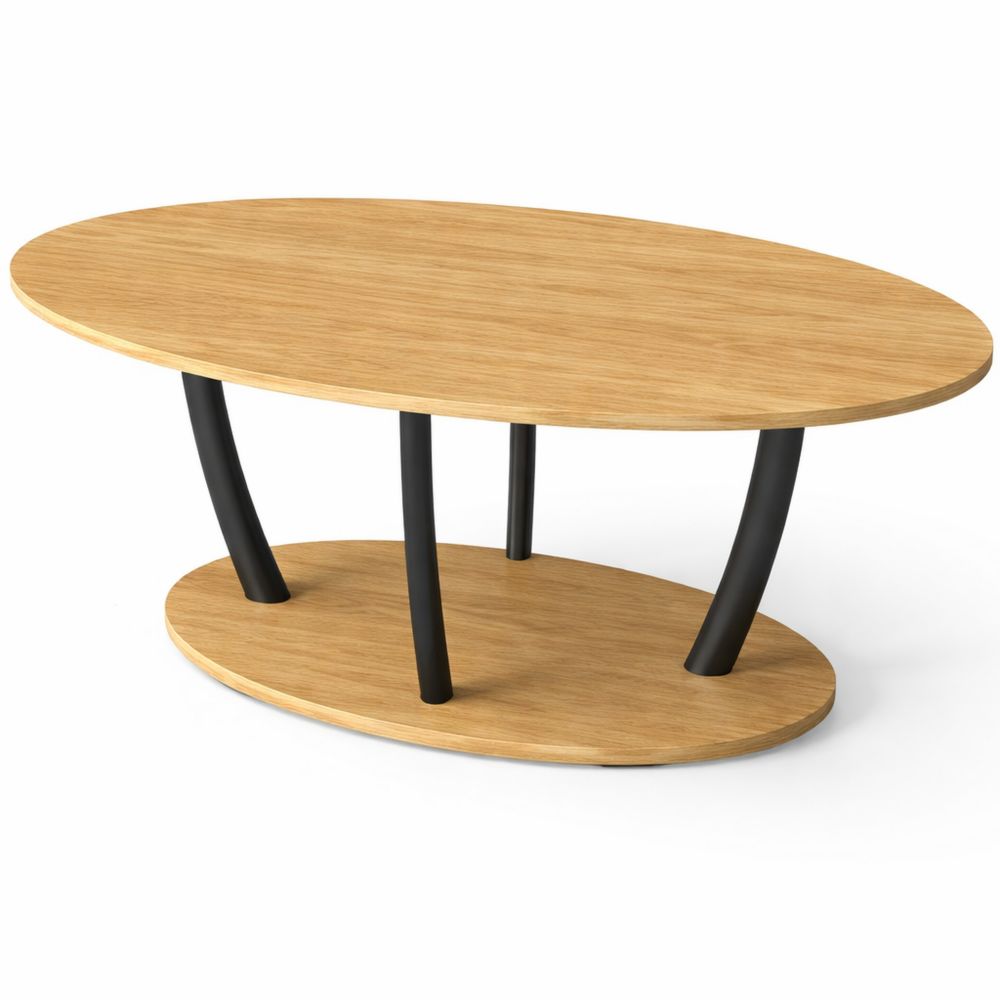 Ovaler Couchtisch aus Holz mit Stauraum und Metallbeinen