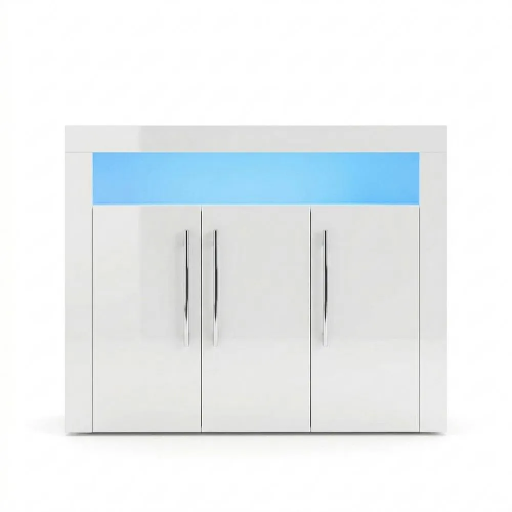 Küchenschrank Sideboard Weiß Hochglanz, Griffloses Design mit LED für Flur und Schlafzimmer 116x93x35cm