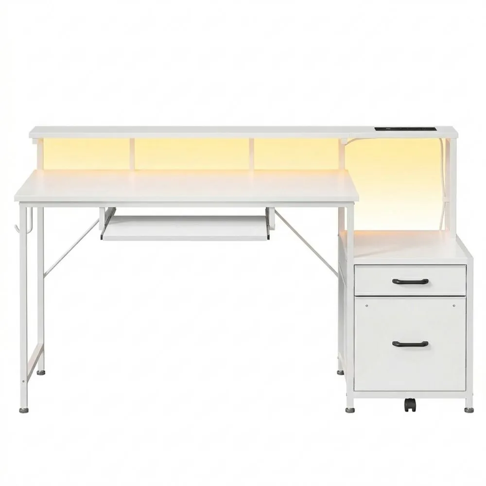 Moderner Computertisch mit LED und Monitorständer, USB-Anschlüsse, 140x48cm, Weiß