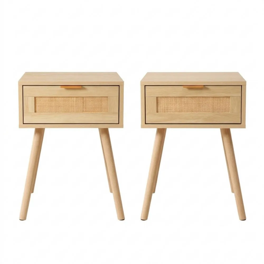 Rattan Nachttisch Set mit Schublade und Holzbeinen