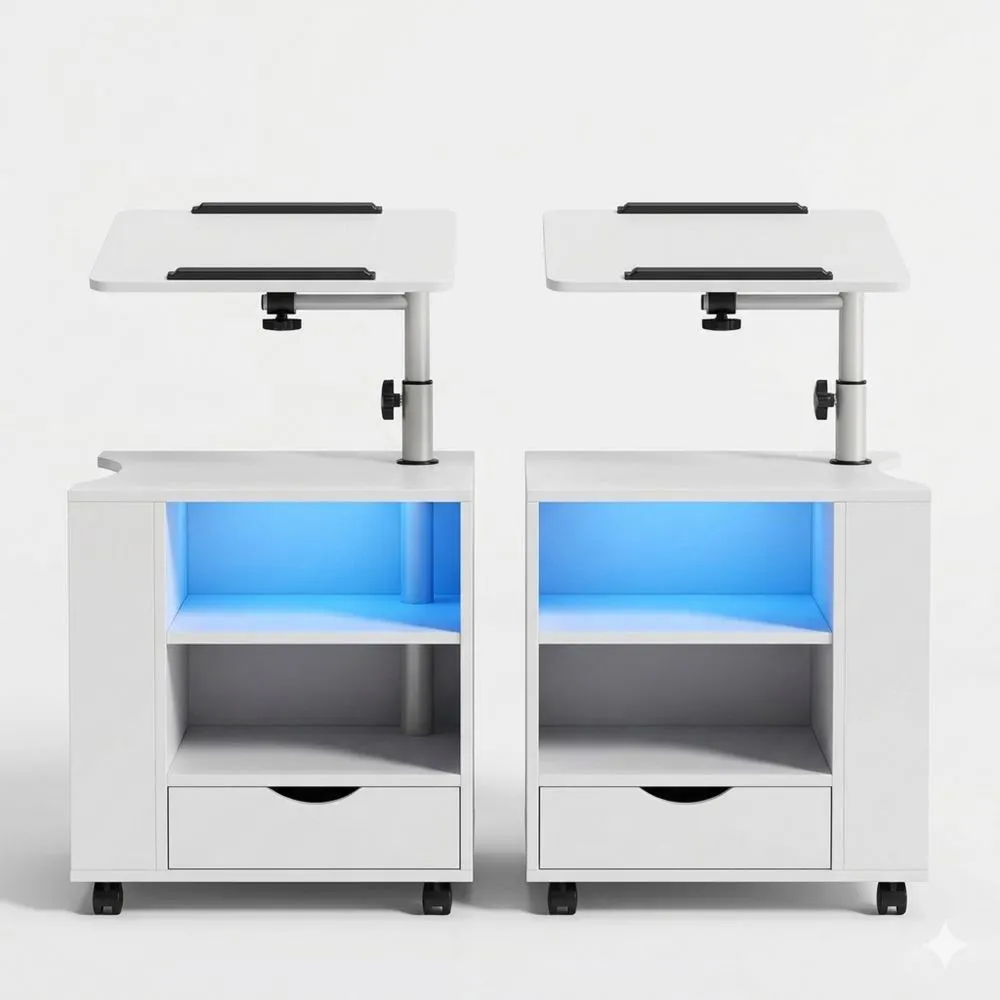 Moderner Nachttisch mit LED und Rollen, höhenverstellbar, mit Schubladen und offenen Regalen, weiß