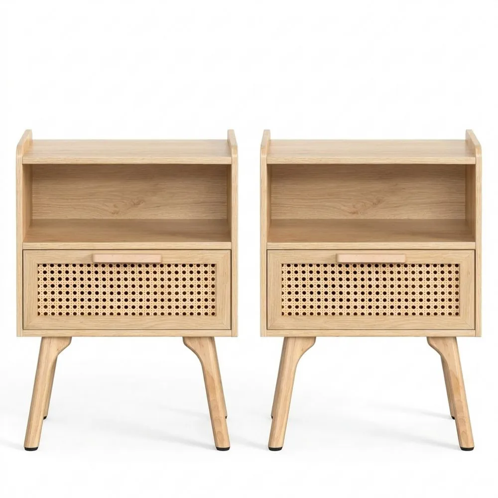 Boho Nachttisch mit Rattan und Massivholzbeinen