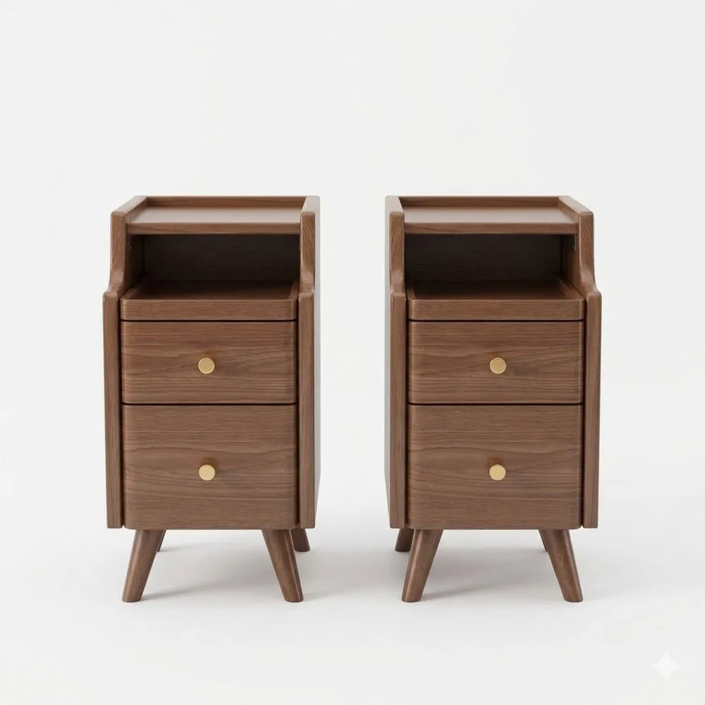 Holz-Nachttisch mit 2 Schubladen, für Schlafzimmer & Wohnzimmer, schmal, Walnuss