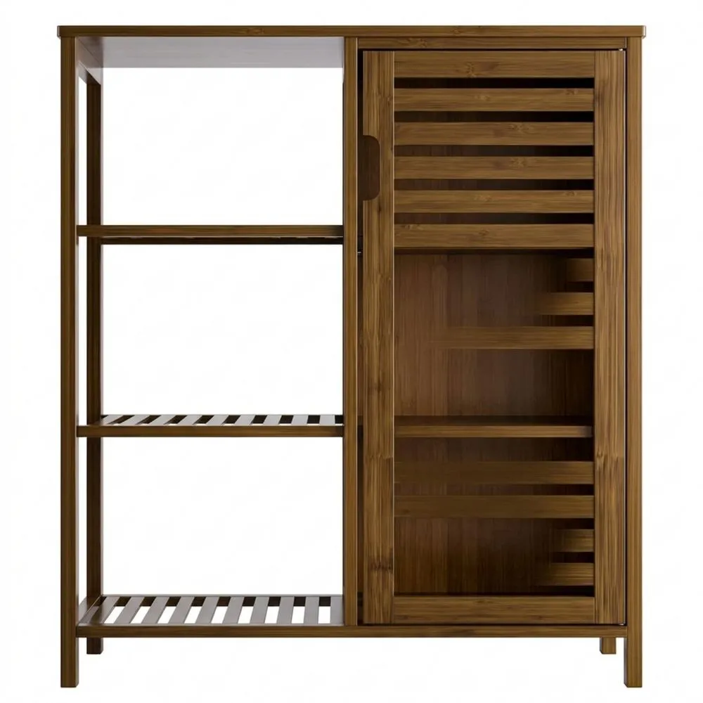 Freistehender Badezimmerschrank aus Bambus mit offenen Fächern