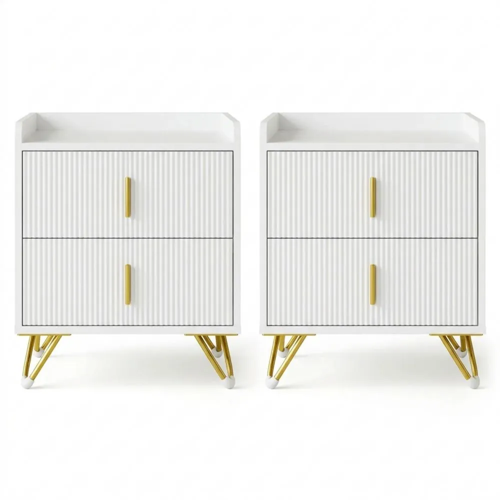Nachttisch-Set mit Schubladen und Metallbeinen, Beistelltisch für Wohn- und Schlafzimmer, Weiß & Gold