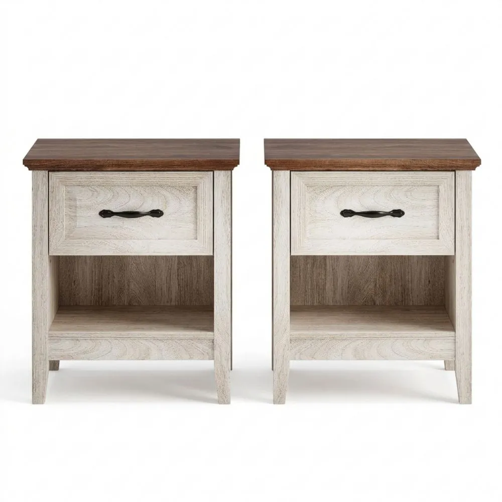 2er Set Nachttische mit offenem Regal und Steckdose, Beistelltisch für Schlafzimmer und Wohnzimmer, Beige