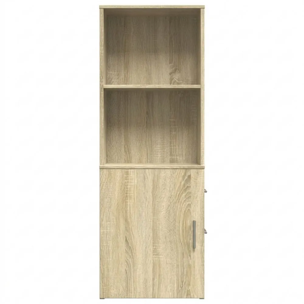 Rollbarer Hochschrank aus Holzwerkstoff mit Metallgriffen