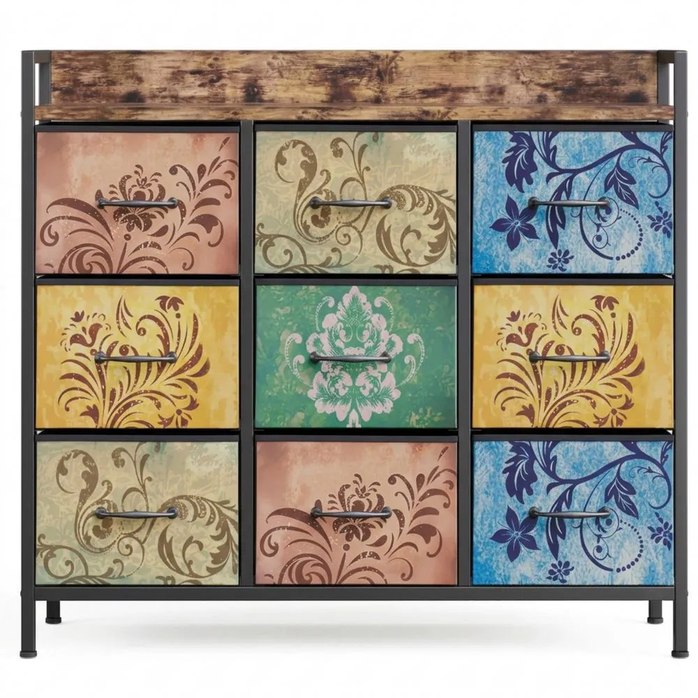 Schubladenkommode mit Blumenmuster, Metallrahmen, Rustikal, 30 x 99 x 84 cm