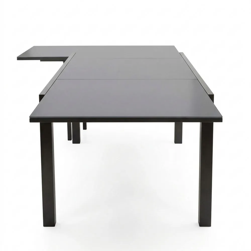 Großer Ausziehtisch aus Aluminium mit dunkelgrauer Glasplatte