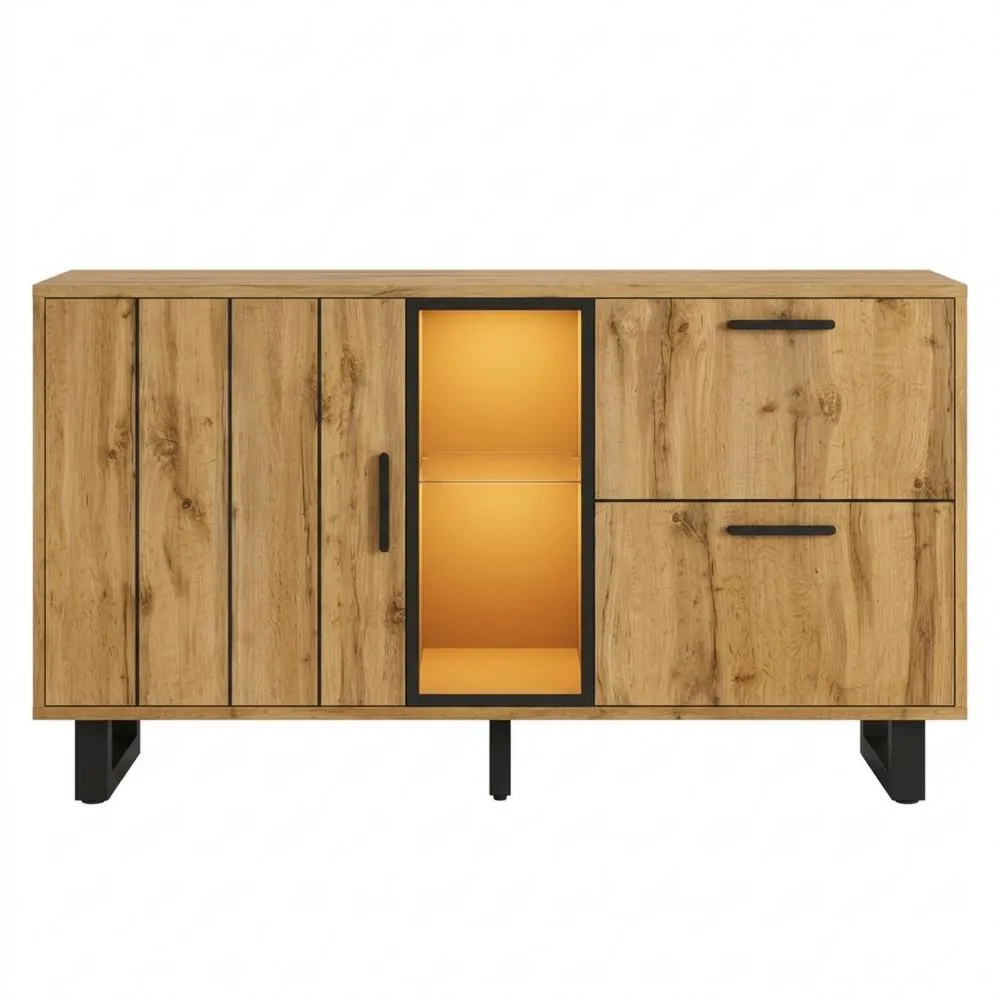 Moderner Wohnzimmerschrank mit LED und 2 Schubladen, 160 cm, Holzoptik und Schwarz