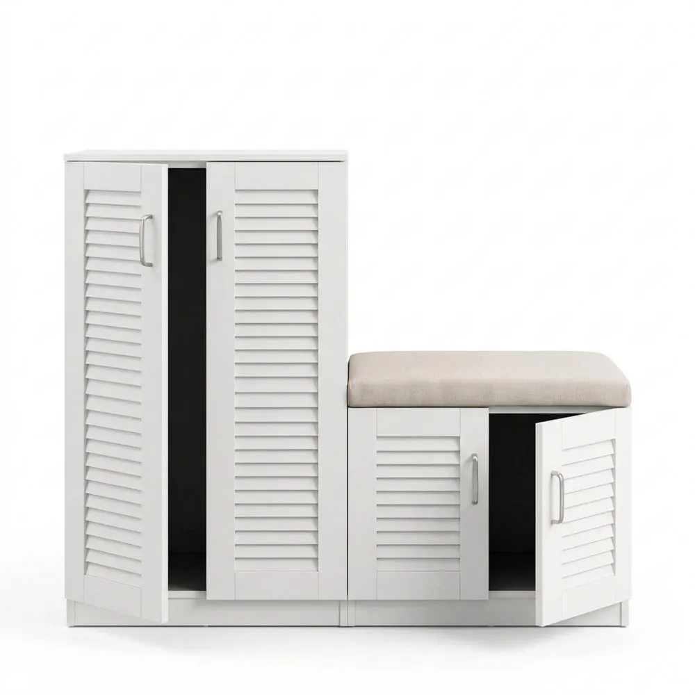Großer Schuhschrank mit Sitzbank und 9 Regalen, Weiß
