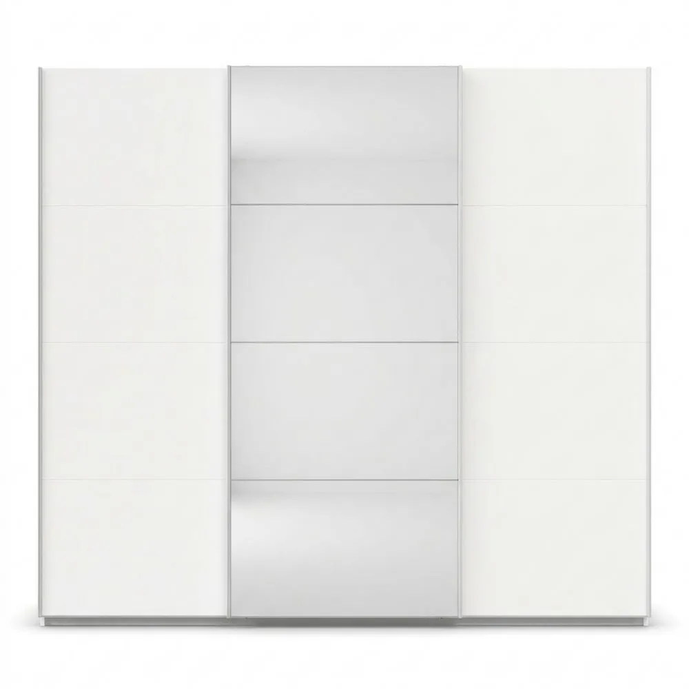 Schwebetürenschrank für Schlafzimmer, 3-türig, mit Einlegeböden und Kleiderstangen, Weiß, 315 cm