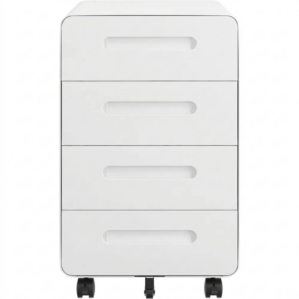 Mobiler Aktenschrank mit 4 Schubladen und Schloss, Abgerundete Ecken, Vormontiert, Weiß