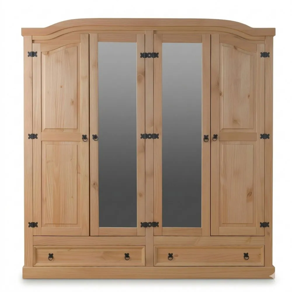 4-türiger Kleiderschrank aus Kiefernholz im natürlichen Hacienda-Stil mit 2 Schubladen