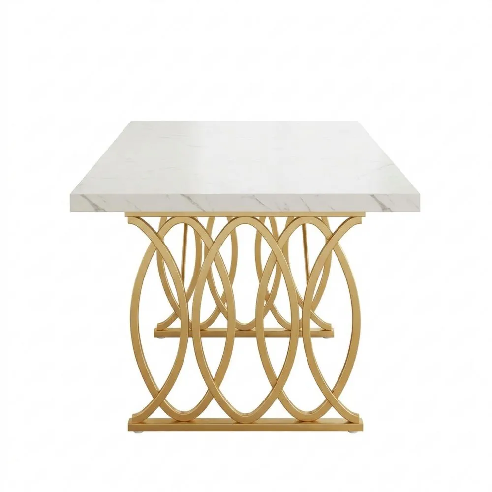 Rechteckiger Esstisch für 6 Personen, 160 x 80 x 75 cm, Weiß-Gold, Küchen- und Esszimmer