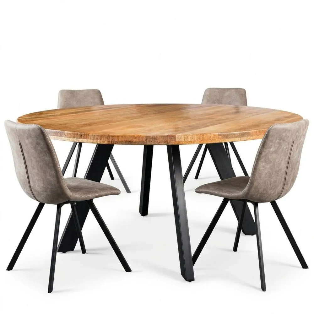 Runder Esstisch aus Mangoholz und Metall im Industrial Design, 140 cm