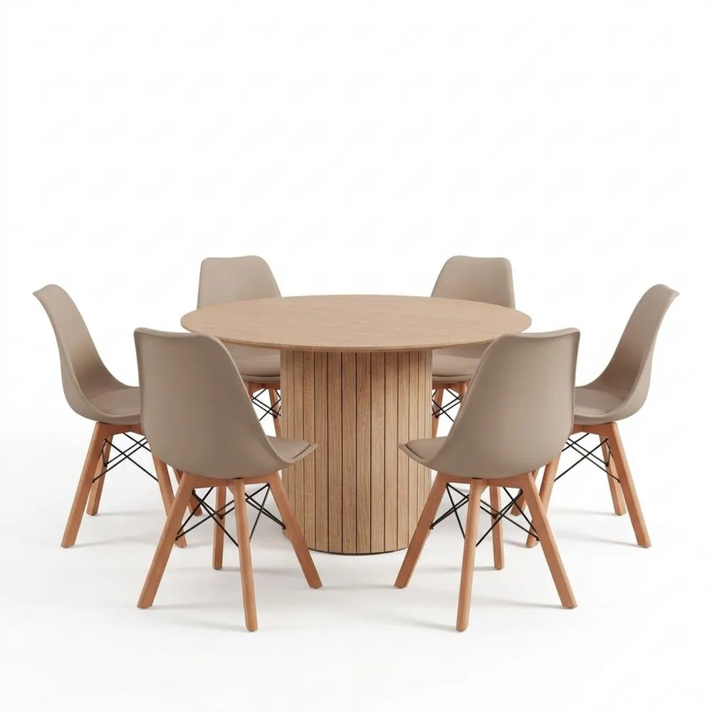 Runder Esstisch mit 6 Stühlen für 4-6 Personen, Holztisch und Kunststoffstühle, Hellbraun und Khaki