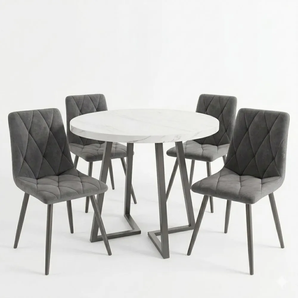 Runder Esstisch mit Marmormuster, für 2-4 Personen, Metallrahmen, verstellbare Beine, Industrie-Stil, ideal für Restaurant und Zuhause, Weiß/Schwarz, 80x80x75 cm