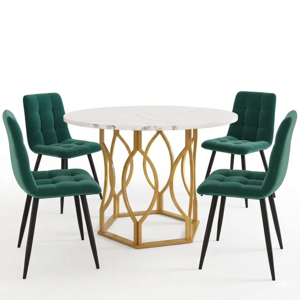 Runder Esstisch mit 4 Samtstühlen, 100 cm Durchmesser, goldene Metallbeine