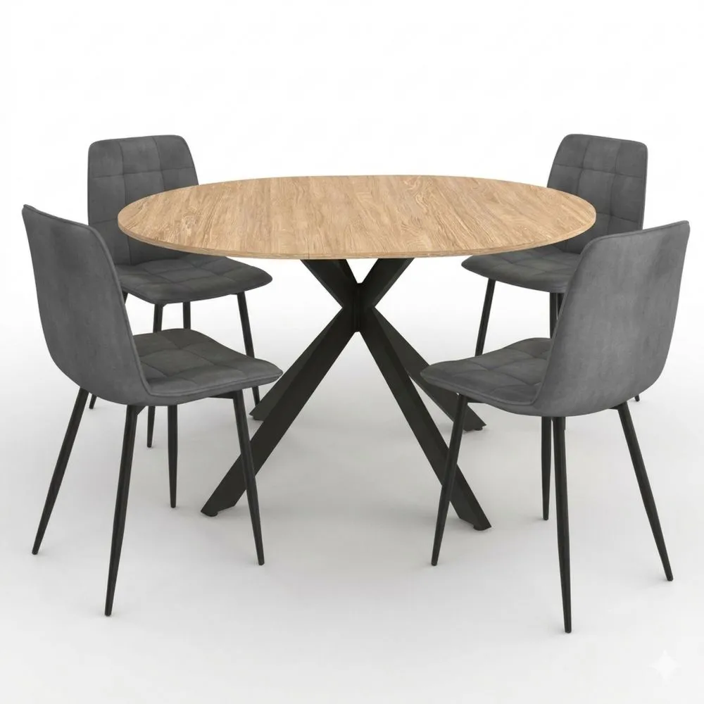 Runder ausziehbarer Esstisch mit 4 Samtstühlen in Dunkelgrau