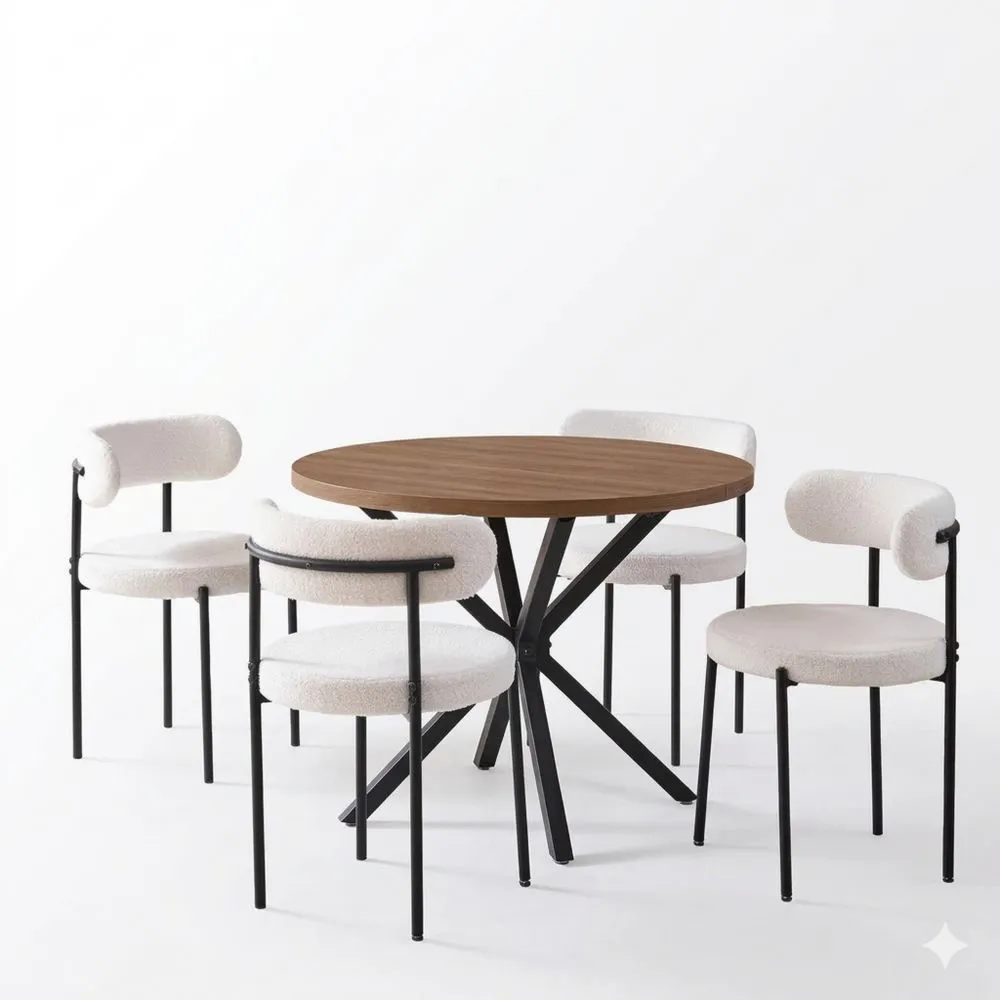 Runder Esstisch mit 4 Stühlen für Küche und Wohnbereich - Dunkles Holz und Weiß