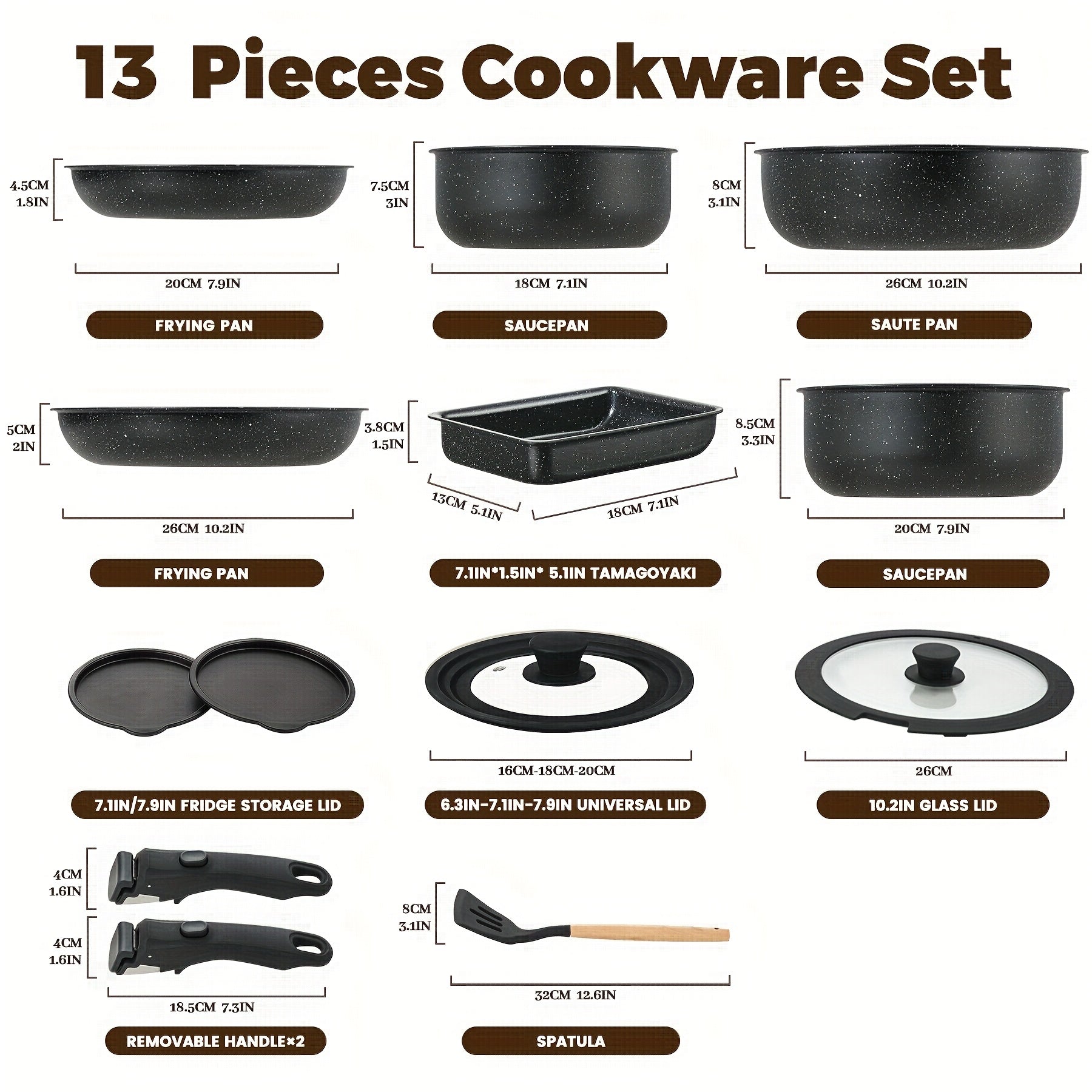 13pcs Nonstick Cookware Set with Removable Handle, Induction Compatible Pots and Pans Kit for RV Kitchen & Camping