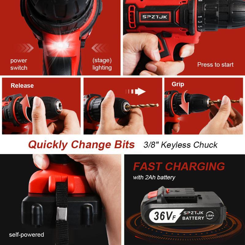 3-in-1 Impact Drill Full Tool Box | 36VF Battery Powered Drill Driver Kit for Home, Garage & Daily Repairs