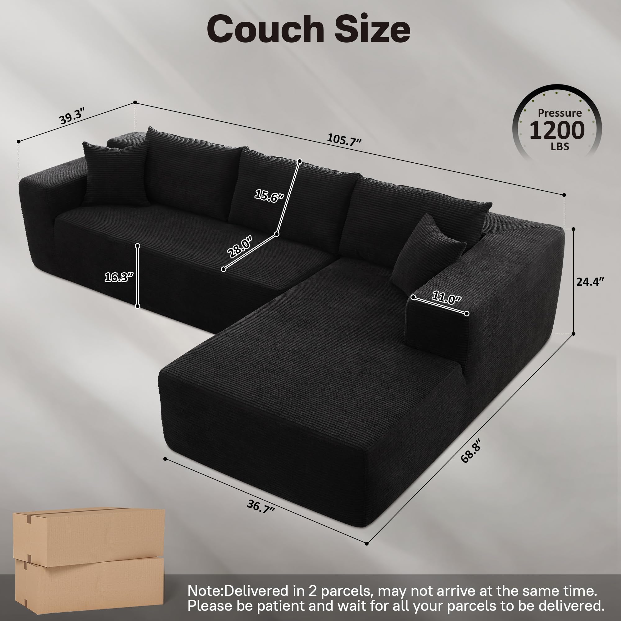 No Assembly Required  104" L-Shape Modular Couch with Chaise, Plush Corduroy Fabric, 